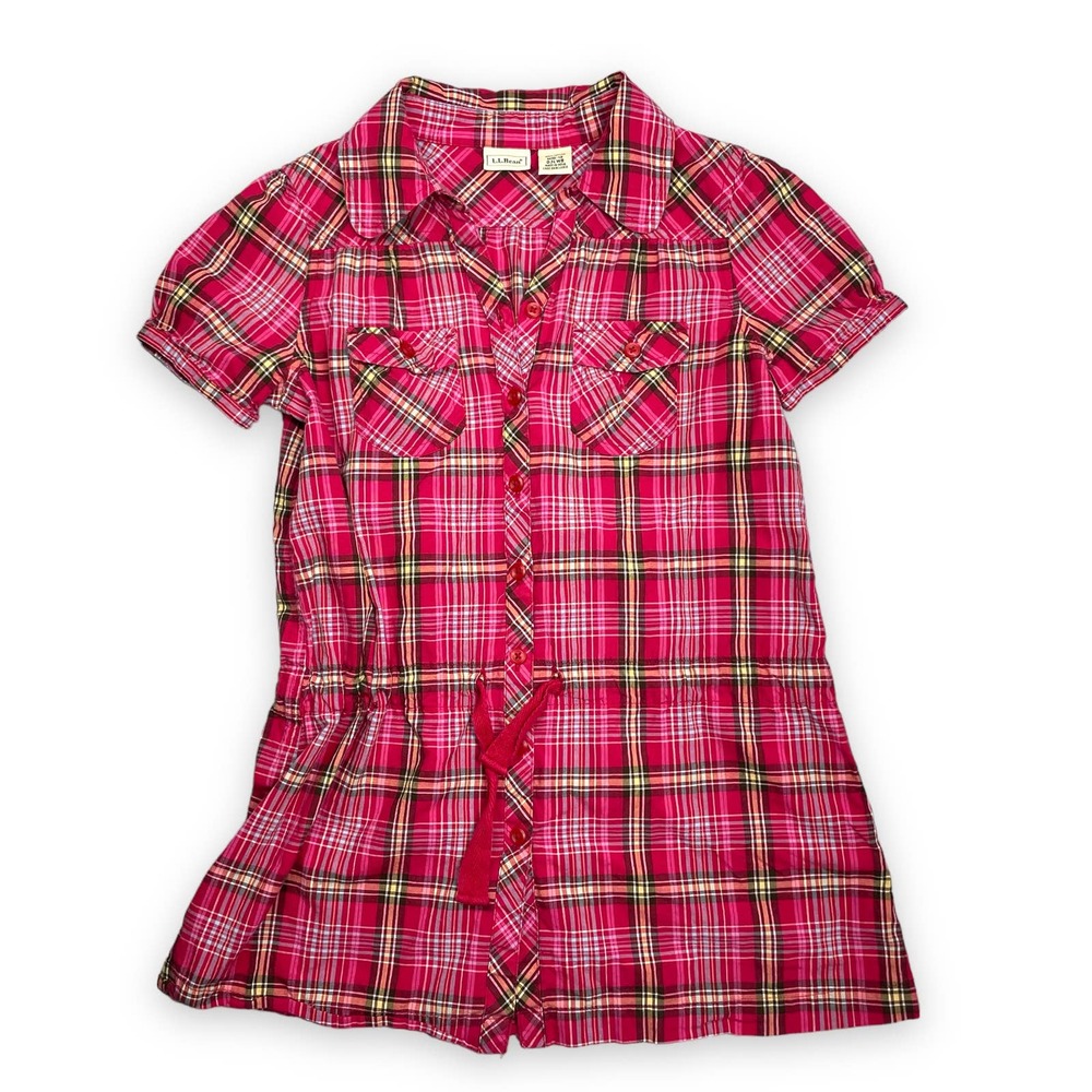 LL Bean Girls Plaid Cap Sleeve Shirt Shift Cotton Dress 10 12 Medium